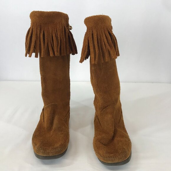 MINNETONKA ~ WOMENS 7 ~ TAN LEATHER SUEDE MOCCASIN BOOTS - Picture 3 of 9